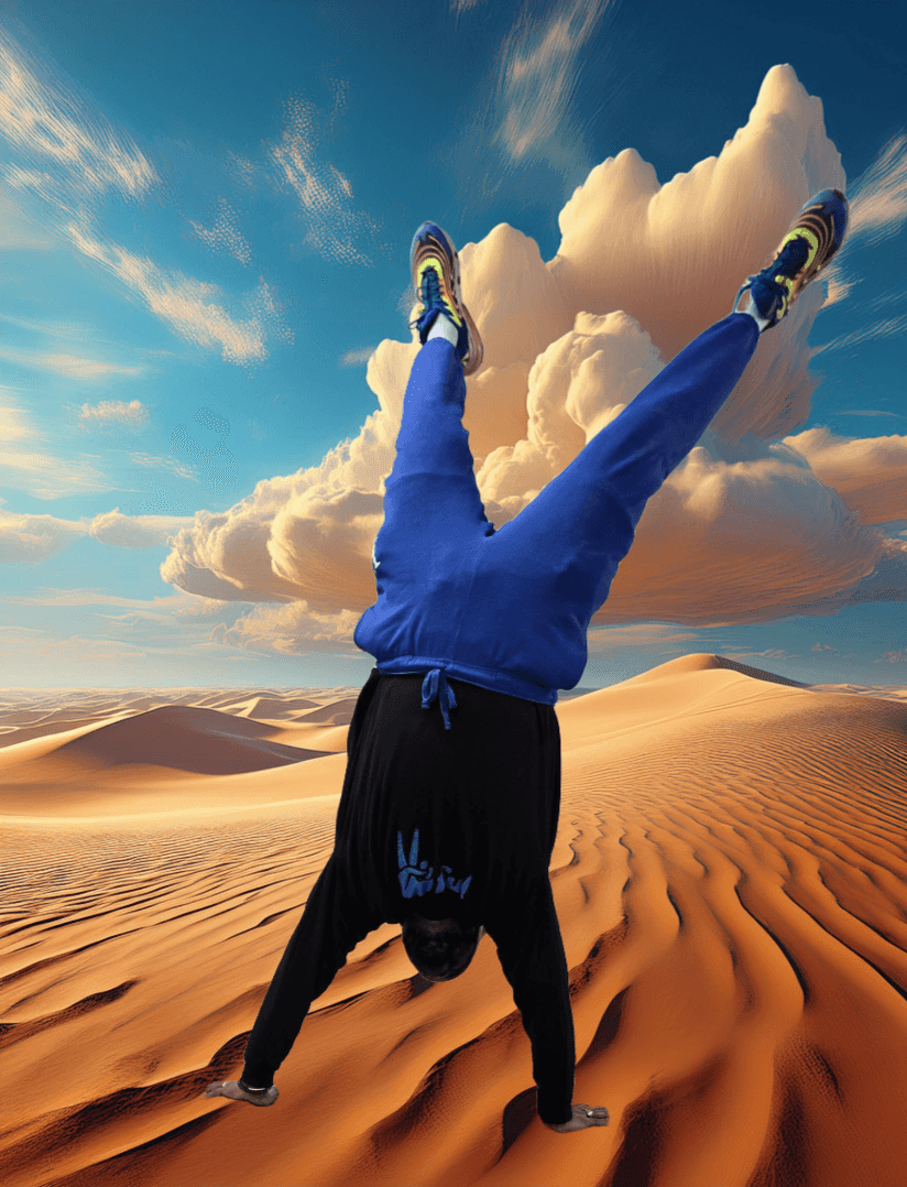 Person doing a handstand on desert sand dunes under a dramatic cloudy sky.