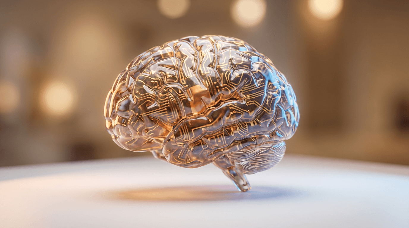 Macro view of glowing neural network brain model with golden circuit patterns and soft studio lighting creating depth. Macro view of glowing neural network brain model with golden circuit patterns and soft studio lighting creating depth.