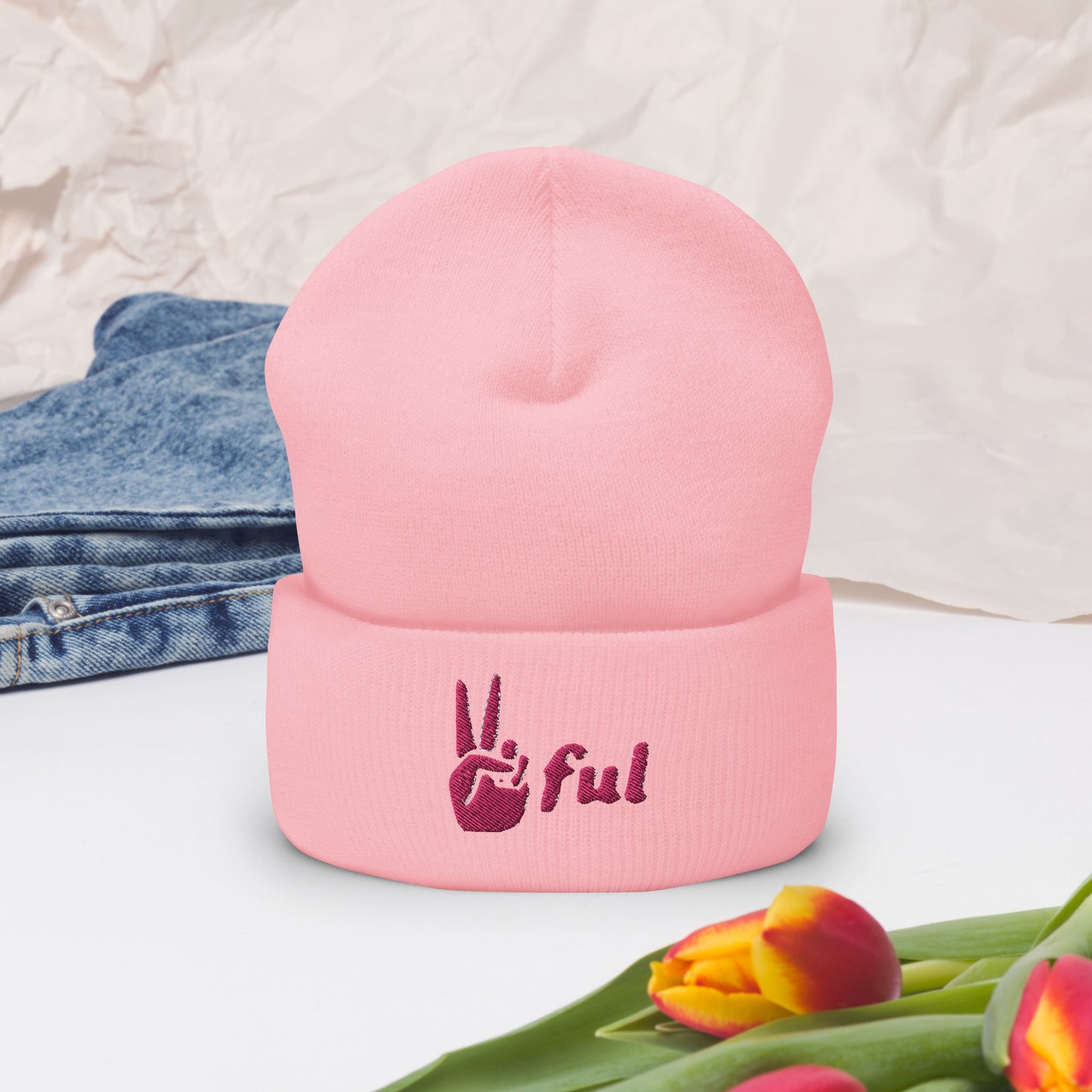 Peaceful Pink Embroidered Cuffed Beanie