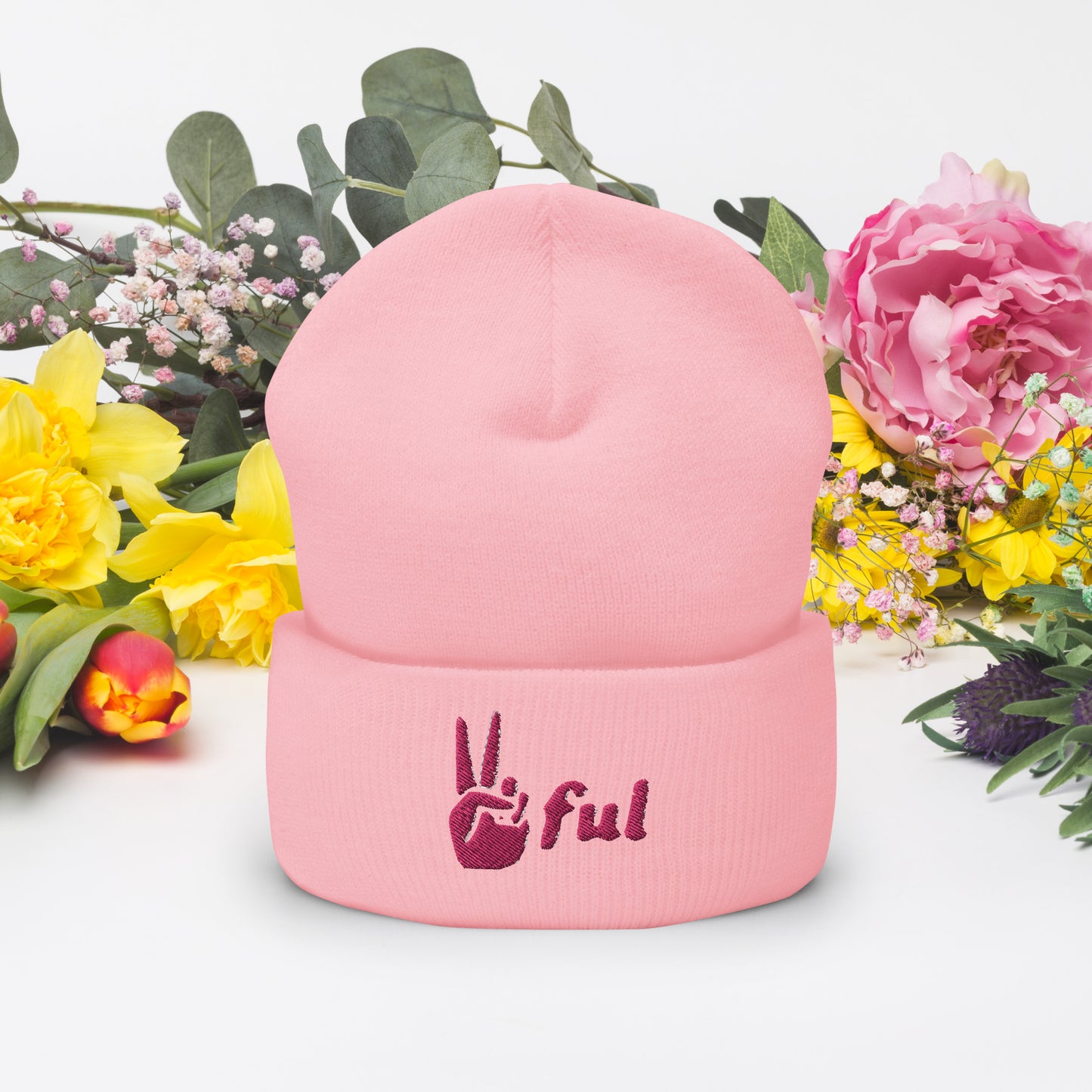 Peaceful Pink Embroidered Cuffed Beanie