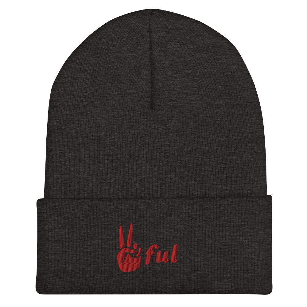 Cuffed Peaceful Red Embroidered Beanie