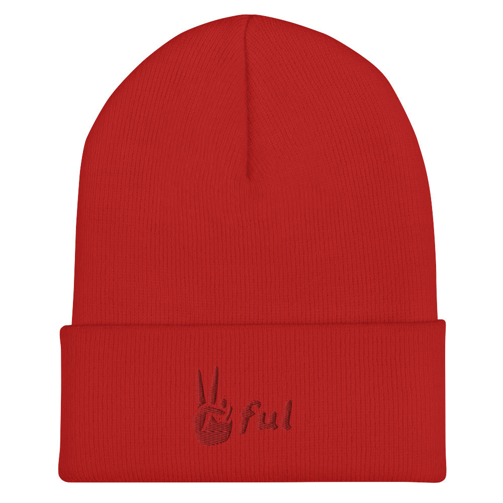 Cuffed Peaceful Red Embroidered Beanie