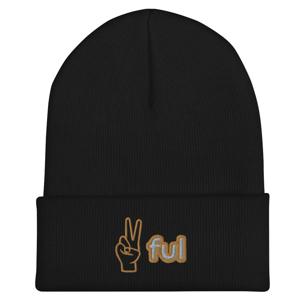 Peaceful Cuffed Beanie Black Gold and Gray