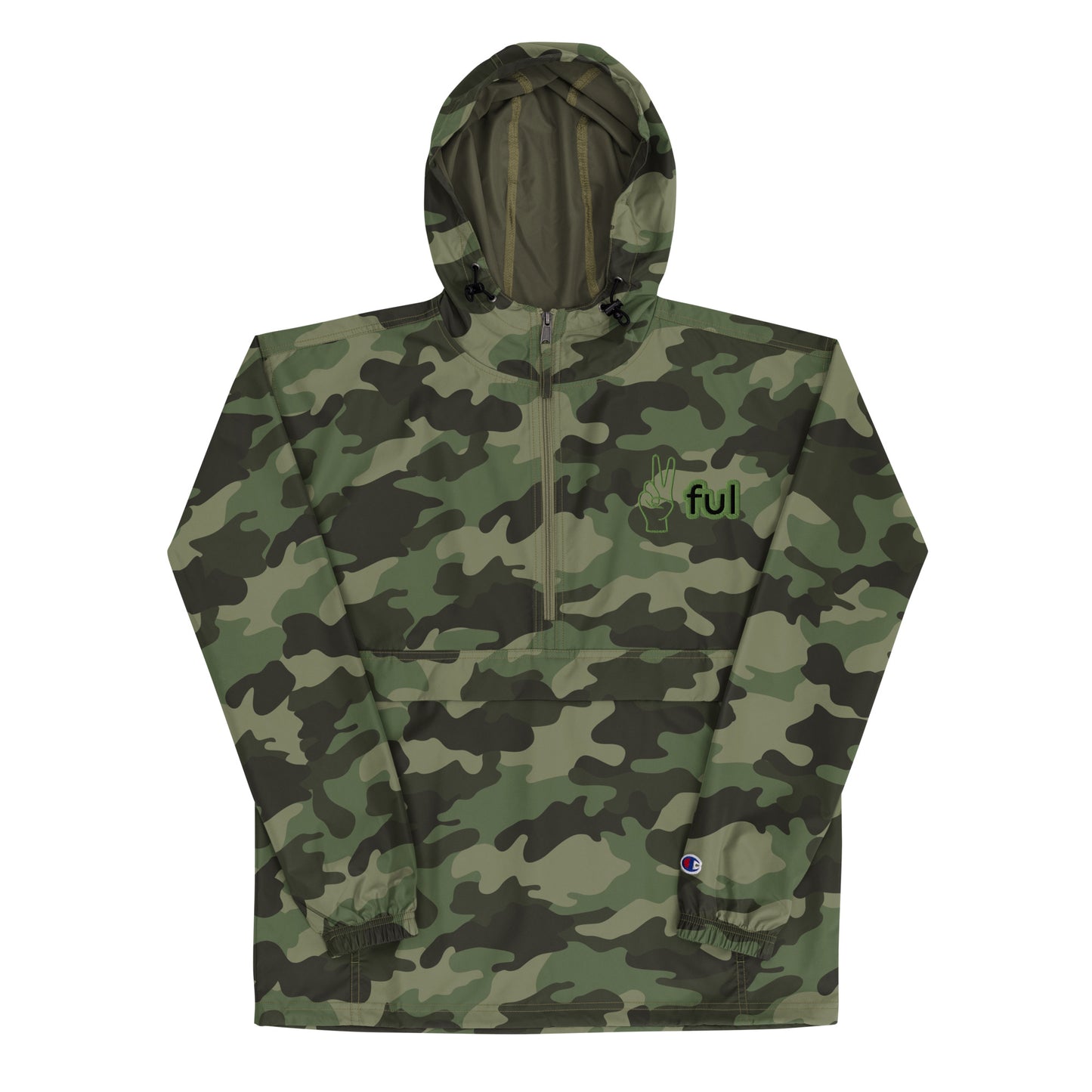 Unisex Black Camo Green Champion Packable Jacket, Long sleeve, Peaceful embroidered  S-2XL